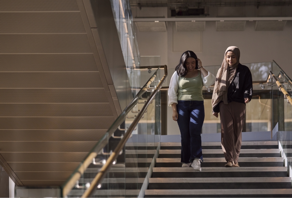 Two students walking down the stairs on campus
