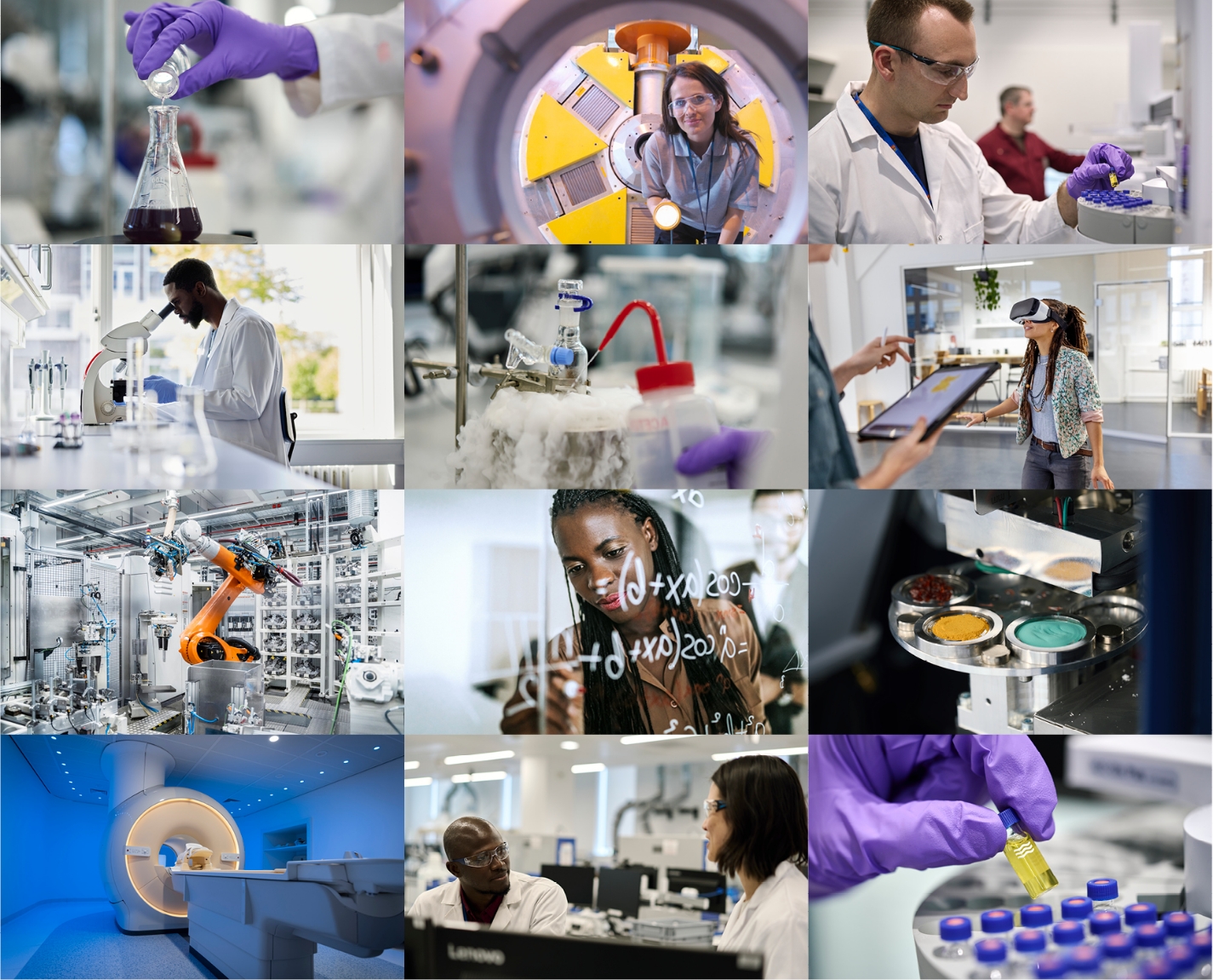 Grid of 12 sample images of research & innovation