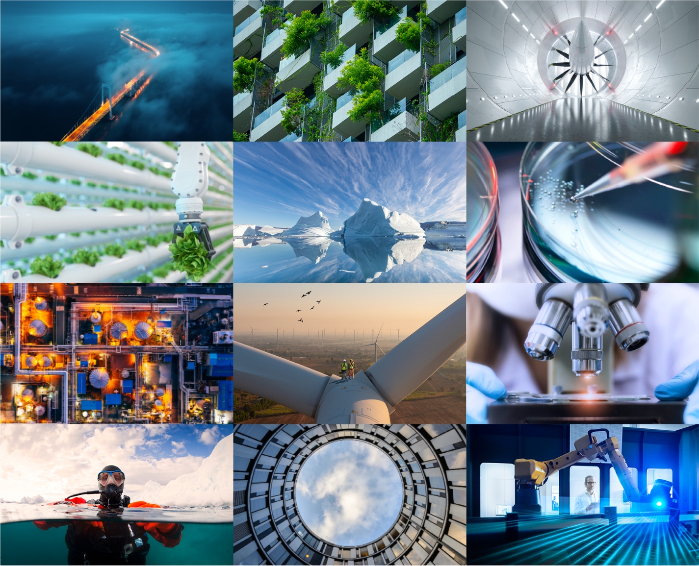 Grid of 12 tier two sample images of research & innovation