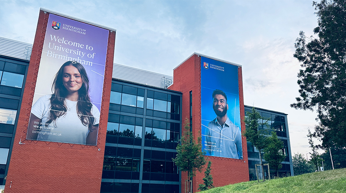 Brand Large banners showcasing students on the Murray Learning Centre, welcoming visitors to campus